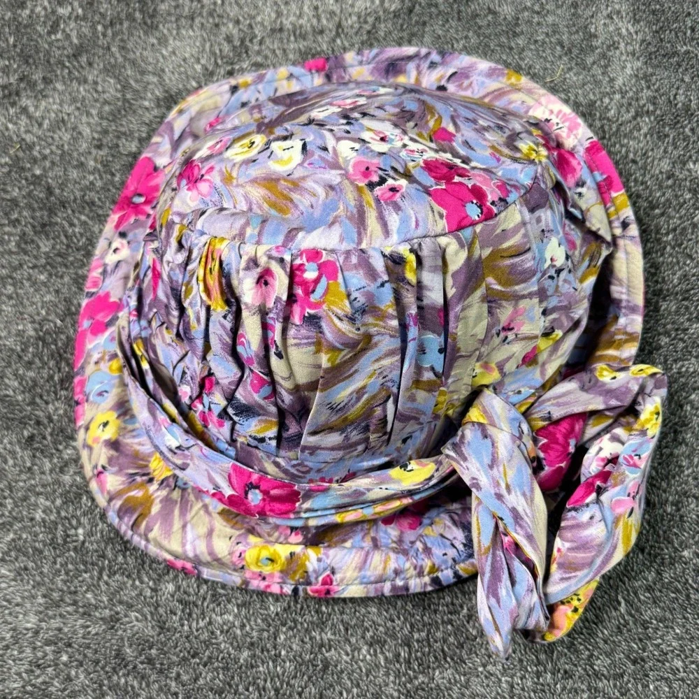 Vintage Floral Bucket Hat Purple Pink Yellow Pleated Sun Hat with Side Bow